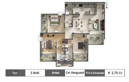 3 BHK floor plan 1,057 Sq.Ft.